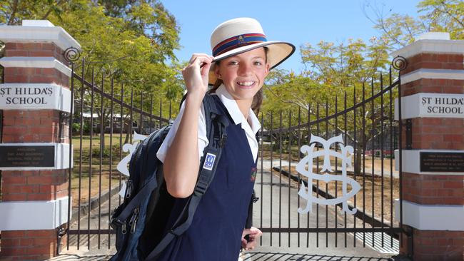 Boarder Jane Henning, 14, out the front of St Hilda's School on her first day in 2019. Picture Glenn Hampson