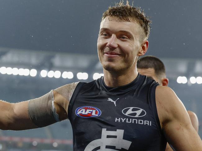 MELBOURNE, AUSTRALIA. May 5, 2024. AFL Round 9.. Carlton vs. Melbourne at the MCG. Patrick Cripps of the Blues leads his team off the MCG. Pic: Michael Klein