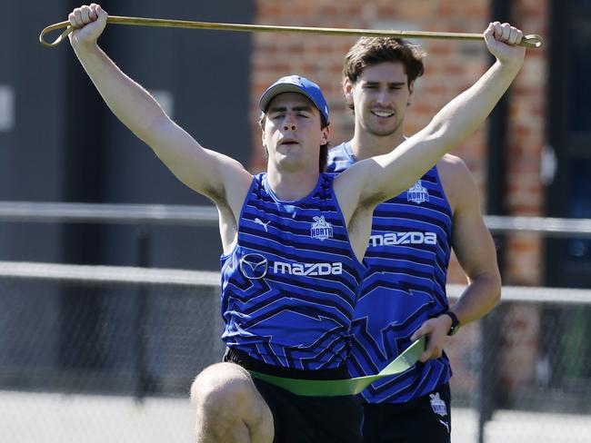 NCA. MELBOURNE, AUSTRALIA. 11th November 2024. AFL.  North Melbourne training at  Arden St oval.  George Wardlaw of the Kangaroos didnÃt take part in the time trial on the first official day back for the 1-4 year players .  Picture: Michael Klein