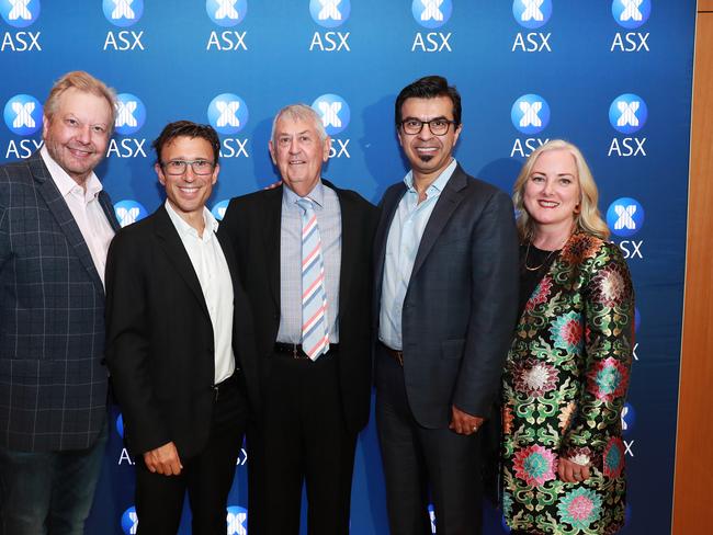 Richard White, WiseTech Global, Anthony Eisen, Afterpay, Chris Vonwiller, Appen, Aram Mirkazemi, Altium and Kirsty Godfrey- Billy from Xero at the ASX New Technology Index Launch. John Feder/The Australian.