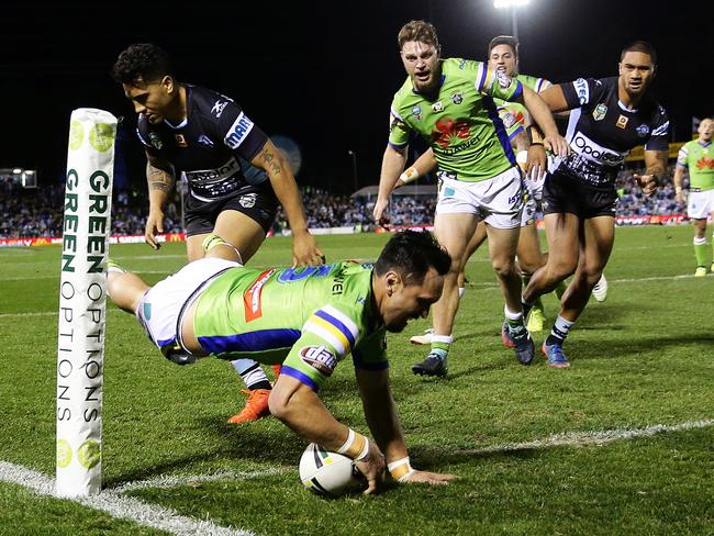 Canberra's Jordan Rapana scores a try during the Cronulla v Canberra rugby league match at Southern Cross Group Stadium, Cronulla. Picture: Brett Costello