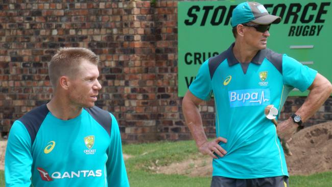 Vice-captain Dave Warner and batting coach Graeme Hick at training yesterday. Picture: AAP