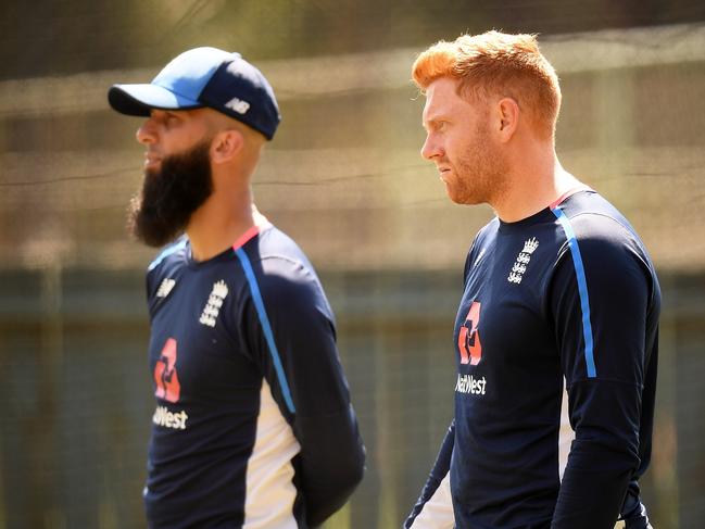 ADELAIDE, AUSTRALIA - NOVEMBER 30: (L-R) Moeen Ali of England and Jonny Bairstow of England look on during an England Nets Session at Adelaide Oval on November 30, 2017 in Adelaide, Australia.  (Photo by Daniel Kalisz/Getty Images)