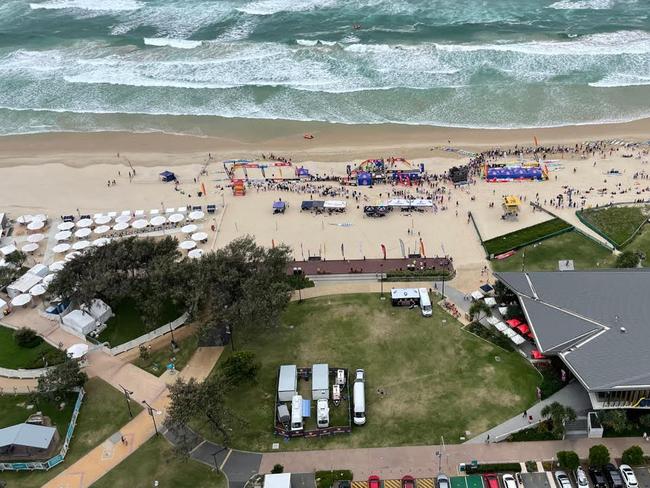 An aerial photo of the Beach Bar at Kurrawa on the Gold Coast, showing a surf carnival next to the attraction.