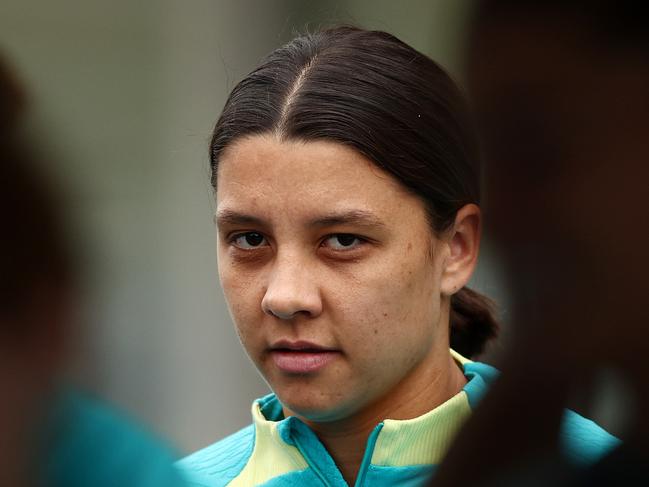 BRISBANE, AUSTRALIA - JULY 17: Sam Kerr during an Australia Matildas training session ahead of the FIFA Women's World Cup Australia & New Zealand 2023 Group B match between Australia and Ireland at Queensland Sport and Athletics Centre on July 17, 2023 in Brisbane, Australia. (Photo by Chris Hyde/Getty Images)