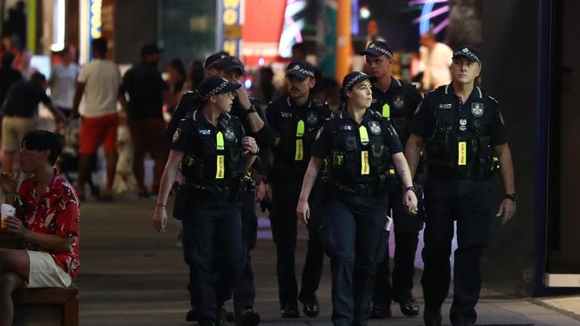 Schoolies on Gold Coast : The Sunday Mail 20/11/2021 Police on the beat at in Cavil avenue at Surfers Paradise on The Gold Coast. Photograph : Jason O'Brien / Sunday Mail