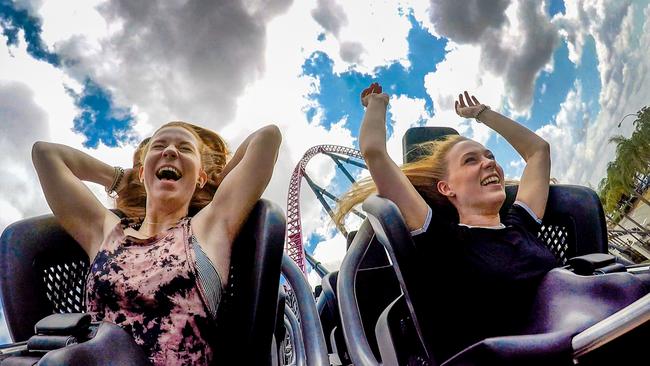 L-R: Julia Collins, 19 and Caity Konners, 19 from Morayfield on the new DC Rivals HyperCoaster at Movie World. Picture: NIGEL HALLETT