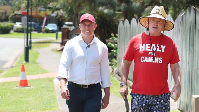 Premier Steven Miles hit the pavement on Saturday afternoon, joining Tourism and Sport Minister Michael Healy in door-knocking jaunt through Cairns’ suburban streets. Picture: Annette Dew