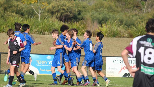 Bill Turner School Football Semifinals: Churchie celebration after winning semifinals. Picture: Jason Tobin.