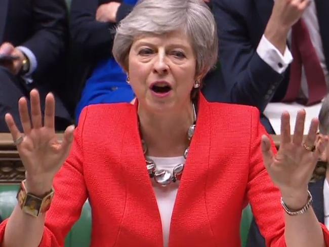 A video grab from footage broadcast by the UK Parliament's Parliamentary Recording Unit (PRU) shows Britain's Prime Minister Theresa May gesturing as she speaks at the start of the debate on the second meaningful vote on the government's Brexit deal, in the House of Commons in London on March 12, 2019. - British Prime Minister Theresa May's Brexit deal suffered a major blow hours before a historic vote on March 12 when her chief attorney ruled that risks from its most contentious points remained "unchanged". Parliament's failure to back the divorce terms threatens to unleash economic chaos because Britain might then simply crash out of the European Union after 46 years on March 29. (Photo by PRU / PRU / AFP) / RESTRICTED TO EDITORIAL USE - MANDATORY CREDIT " AFP PHOTO / PRU " - NO USE FOR ENTERTAINMENT, SATIRICAL, MARKETING OR ADVERTISING CAMPAIGNS