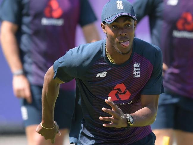 (FILES) In this file photo taken on June 29, 2019 England's Jofra Archer takes part in a training session at Edgbaston in Birmingham, central England. - World Cup-winner Jofra Archer is in line to make his eagerly-awaited Test debut after being included in England's 12-man squad announced Friday, August 9, for next week's second clash of the Ashes series against Australia at Lord's. (Photo by Dibyangshu SARKAR / AFP) / RESTRICTED TO EDITORIAL USE