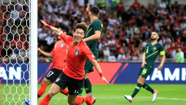 South Korea's Hwang Ui-jo (front) celebrates his goal against Australia during a friendly football match in Busan on Friday night.