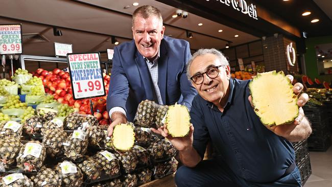 Agriculture Minister Mark Furner at Fruity Capers &amp; Deli with owner Nuccio Camuglia in Toowong Village. Picture: Tara Croser