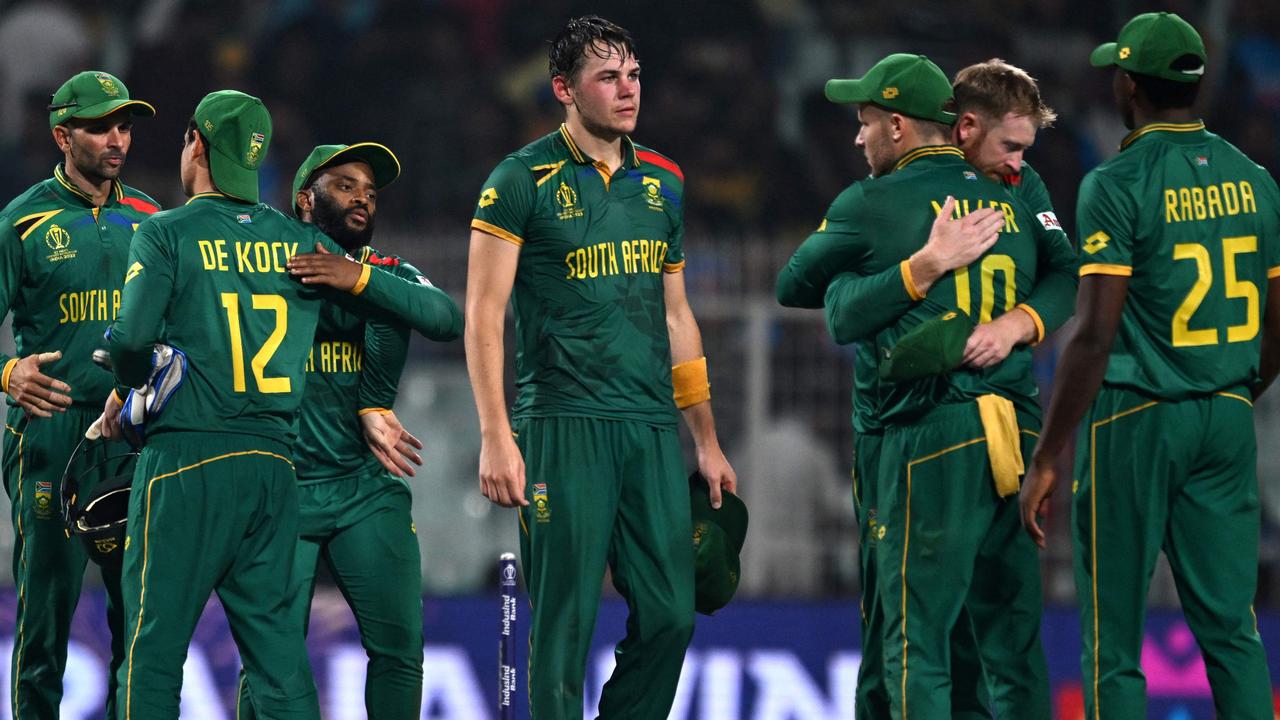 South Africa's players react after losing the 2023 ICC Men's Cricket World Cup one-day international (ODI) second semi-final match against Australia at the Eden Gardens in Kolkata on November 16, 2023. Picture: Arun Sankar/AFP