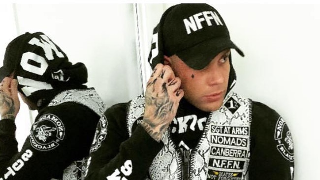 Alexander Victor Miller, the sergeant-at-arms of the Canberra chapter of the Nomads bikie gang, is working as a male prostitute to fund his drug habit. Picture: Facebook/Supplied