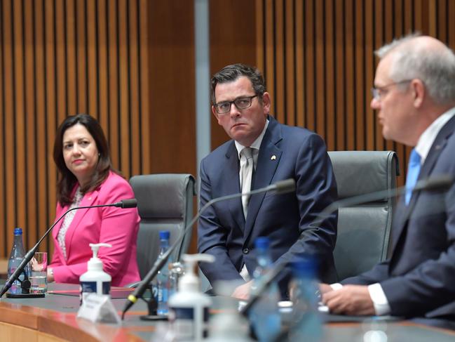 Prime Minister Scott Morrison with Annastacia Palaszczuk and Daniel Andrews at national cabinet in December 2020.