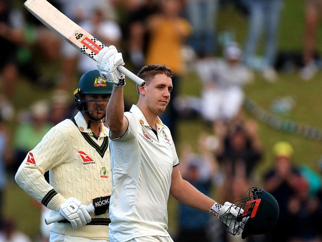 Cameron Green celebrates reaching his century during the Test match against New Zealand. Picture: AFP