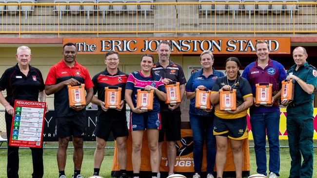 Colin Southam, Sete Cakaunivalu, Robert Butcher, Dailene Doyle, Matt Kaye, Annette Blunt, Jordan Lewis, Rhys Morcom and Geoff bates ahead of the 2024-25 Darwin Rugby grand finals with AED kits also delivered to each club.. Picture: Pema Tamang Pakhrin