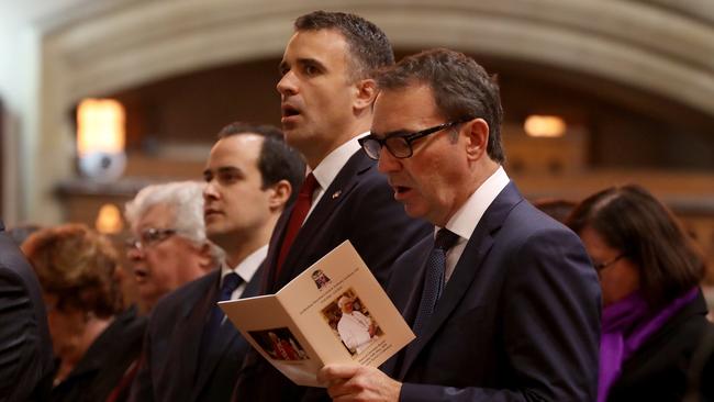 Opposition Leader Peter Malinauskas and Premier Steven Marshall at the 2018 funeral of retired Adelaide Archbishop Leonard Faulkner at St Francis Xavier's Catholic Cathedral. Picture: Calum Robertson