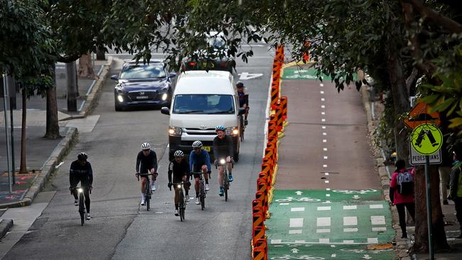 The City of Sydney has turned a bus lane into a bike lane on Fitzroy St in Surry Hills in a bid to get more commuters on bikes and off public transport. Picture: Toby Zerna