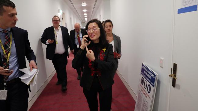 Liberal MP Gladys Liu refused to talk to journalists as she left the Sky studios in Parliament House in Canberra after she was interviewed by Andrew Bolt. Picture: Gary Ramage