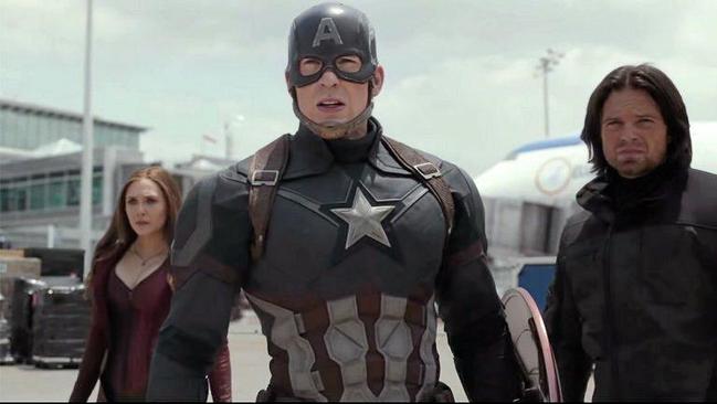 From left: Scarlett Witch (Elizabeth Olsen), Captain America (Chris Evans) and Bucky/The Winter Soldier (Sebastian Stan) in a scene from Civil War. Picture: Contributed