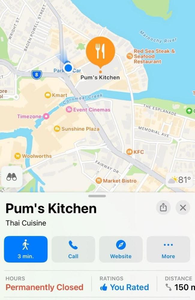 The Pum's Kitchen listing on Apple Maps previously showed it as being permanently closed. Picture: Supplied