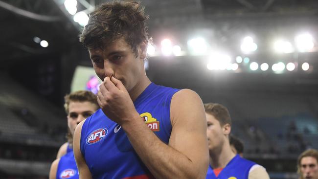 Josh Dunkley of the Bulldogs reacts after the Round 18 AFL match between the Round 18 AFL match between the St Kilda Saints and the Western Bulldogs at Marvel Stadium in Melbourne, Sunday, July 21, 2019. (AAP Image/Julian Smith) NO ARCHIVING, EDITORIAL USE ONLY