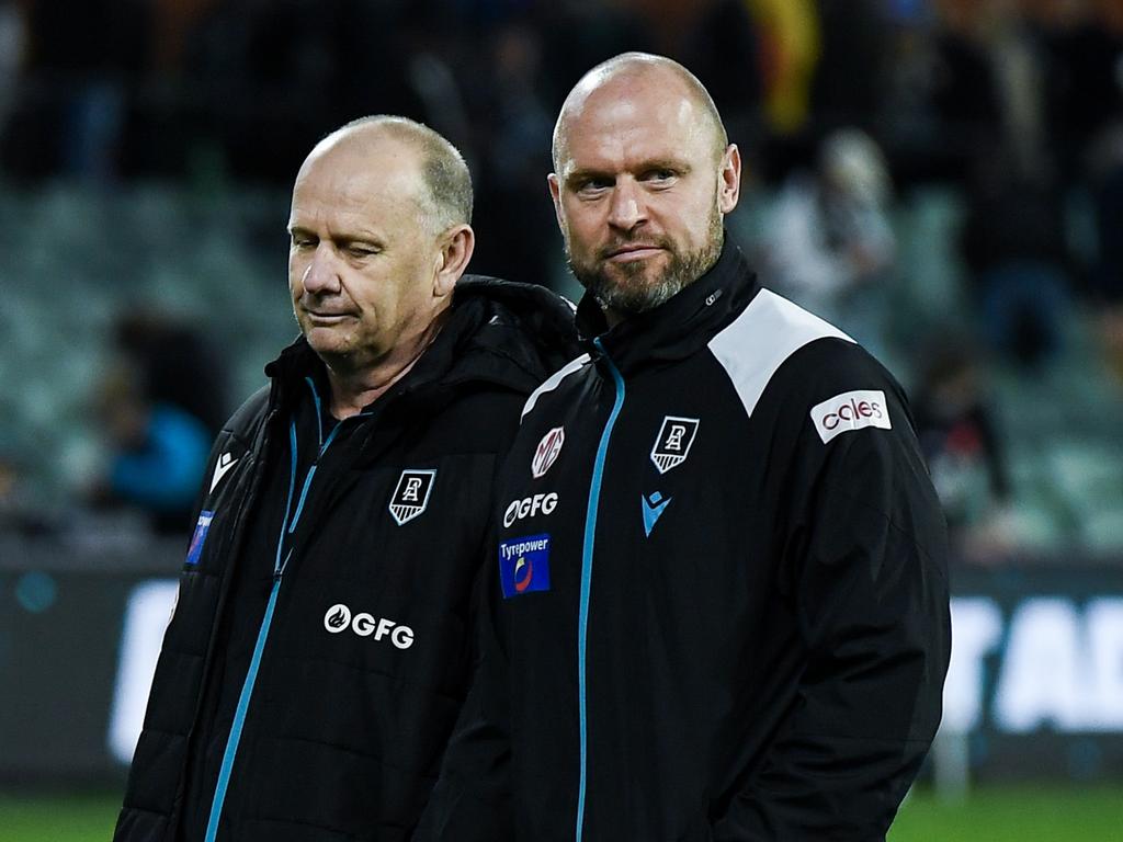 Ken Hinkley and Chad Cornes after the loss to the Blues. (Photo by Mark Brake/Getty Images)