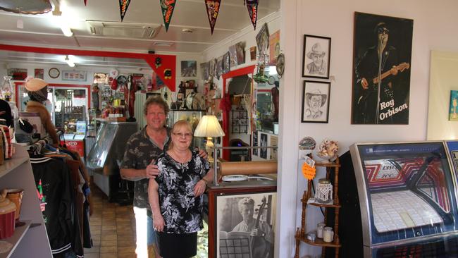 MJs Retro Cafe Benaraby owners Marty Hayden and Julie Kirby inside their rock and roll themed premises full of memories of yesteryear.