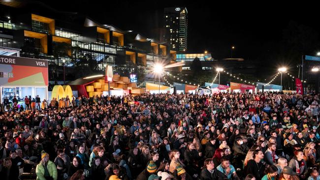 Thousands of fans who missed out on tickets to the game flocked to Tumbalong Park near Darling Harbour to watch the game instead. Picture: Daily Telegraph/ Monique Harmer