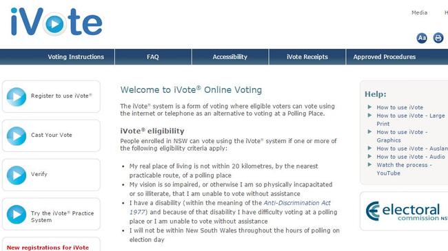 Screen grab from the internet of voting website iVote. NSW Election.