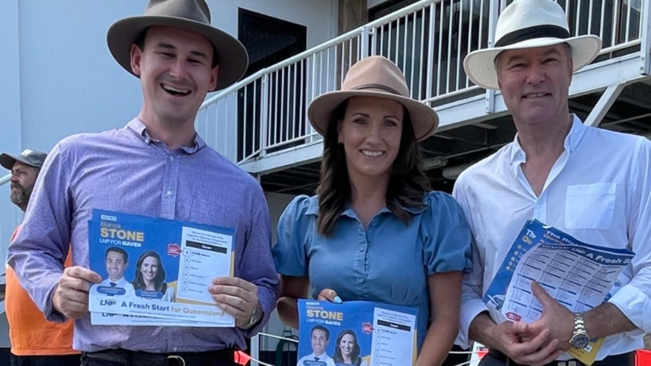 Bonney MP Sam O'Connor (far left) and Surfers Paradise MP John-Paul Langbroek join LNP candidate Bianca Stone at the Nerang pre-polling booth in a bid to win the seat belonging to Labor's Meaghan Scanlon.