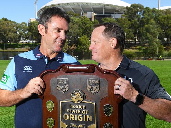 Brad Fittler and Maroons coach Kevin Walters with the State on Origin Shield.