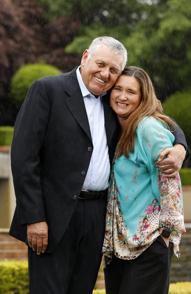 Ray Hadley with his wife Sophie at home in Dural, where he has been broadcasting his radio show from. Picture: Jonathan Ng