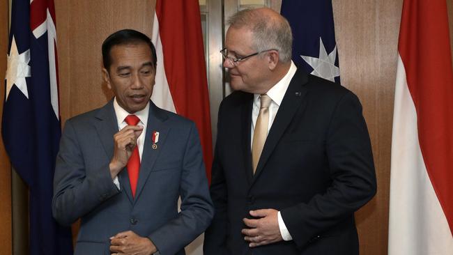 Indonesian President Joko Widodo and Scott Morrison in Canberra in February 2020. Picture: Getty Images