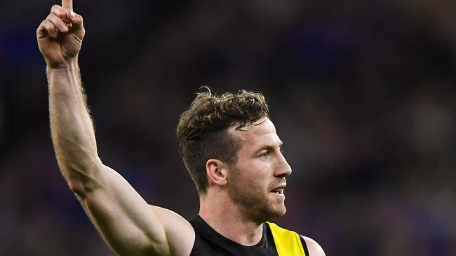 The returning Kane Lambert was everywhere in the first half. Picture: Daniel Carson/AFL Photos via Getty Images