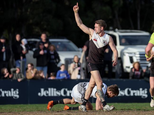 EFL: Steven Brown of Ringwood celebrates his goal. Picture: George Salpigtidis