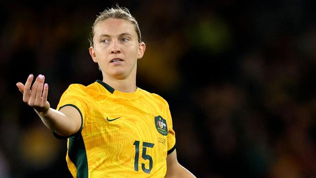 Australia's Clare Hunt gestures to a teammate during the women's International football friendly match between Australia and France at Marvel Stadium in Melbourne on July 14 2023. (Photo by Martin KEEP / AFP) / -- IMAGE RESTRICTED TO EDITORIAL USE - STRICTLY NO COMMERCIAL USE --