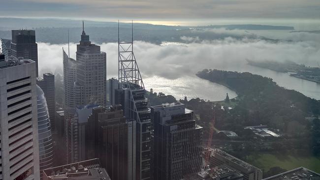 Skyscrapers amongst the morning fog. Picture: The Observation Deck, Sydney Tower