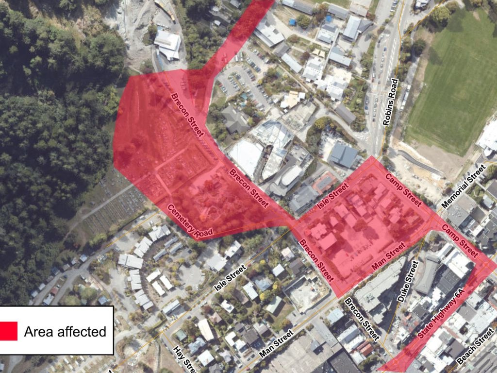 The red shows areas affected by the major rainfall. Including the landslip near the Skyline Gondola. Picture: Queenstown Lakes Council District