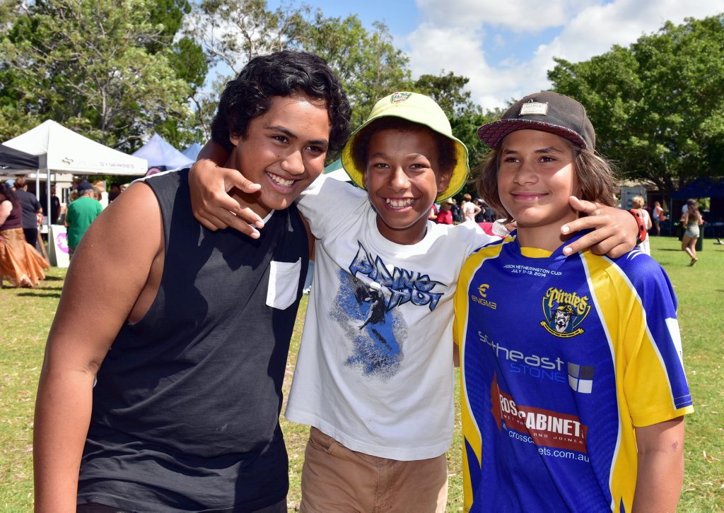 Booin Gari Festival./ Noosaville Lions Park.(L-R) Francis Thinee, Ethan Edwards and Jayden Woods from Cooroy.Photo Geoff Potter / Noosa News. Picture: Geoff Potter