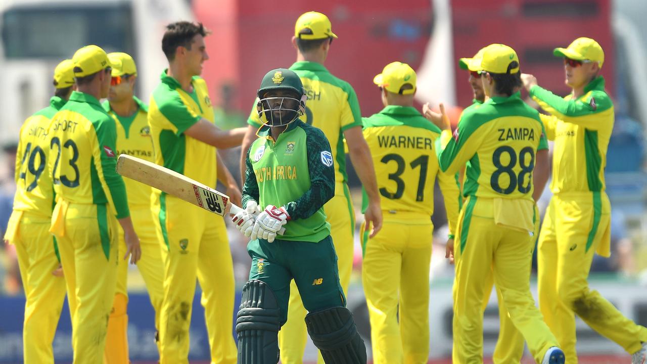 Australia celebrates the wicket of South African star Temba Bavuma.