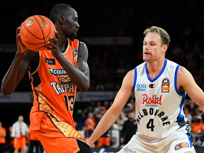 Brad Newley was challenged to get fitter to ensure he could defend the quickest players in the league, like long, athletic Taipan Majok Deng. Picture: Getty Images