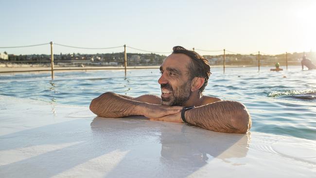 Adam Goodes showed off Bondi Icebergs in Sydney for the ad. Picture: Tobdy Burrows/Qantas