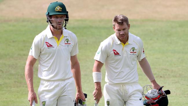 Australian openers Cameron Bancroft (left) and David Warner leave the middle in Newlands, South Africa. Picture: Reuters