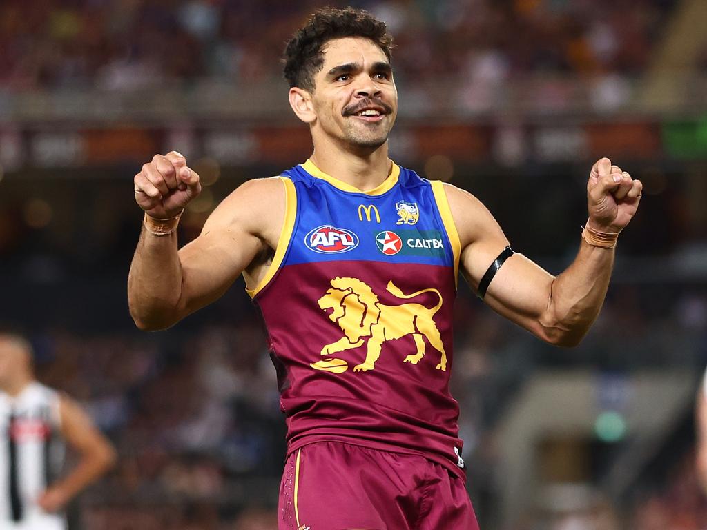 A happier Charlie Cameron celebrates after kicking a goal against Collingwood. Picture: Chris Hyde / AFL Photos / Getty Images