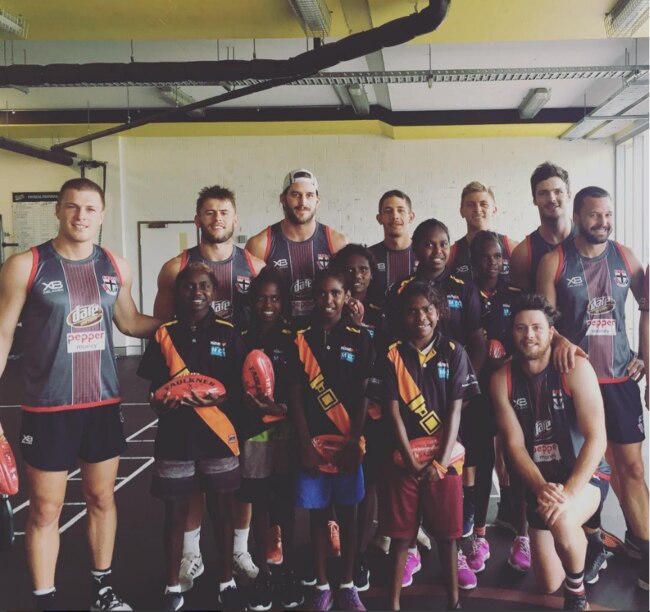 St Kilda leadership group players at the Michael Long Academy during a recent trip to the Northern Territory. Picture: Instagram