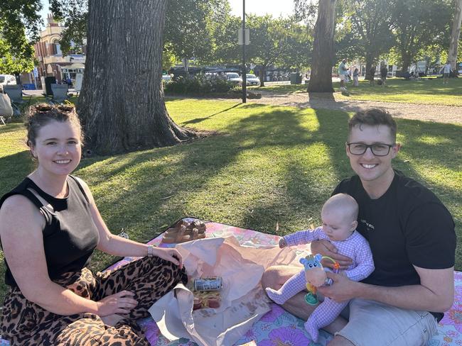 James, Rachael and Audrey at Williamstown Foreshore for the 2024 New Year's Eve fireworks. Picture: Erin Constable