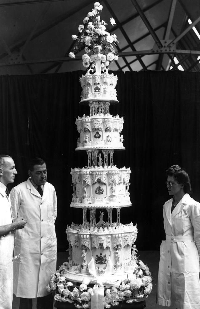 Then Princess Elizabeth's cake for her marriage to Philip Mountbatten, which was nine feet tall. Picture: J.A. Hampton/Topical Press Agency/Getty Images